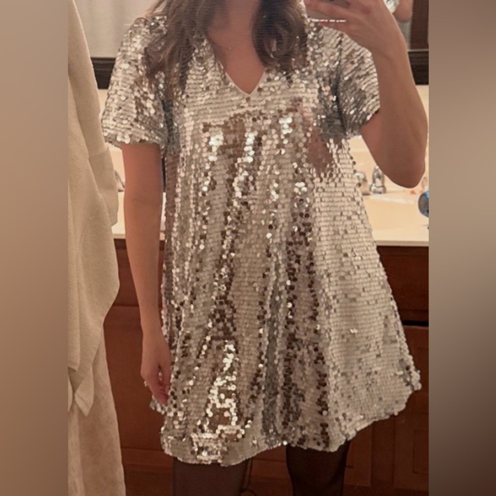 Main Strip Silver Sequin Mini Dress